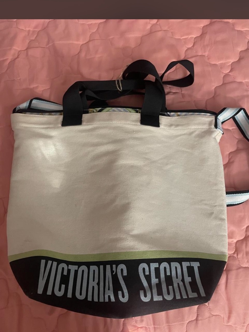 Victoria's Secret Cream and Black Canvas Tote with Olive Trim